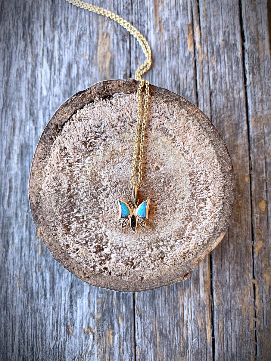Opal and Diamond Butterfly Necklace RedWall Jewelry