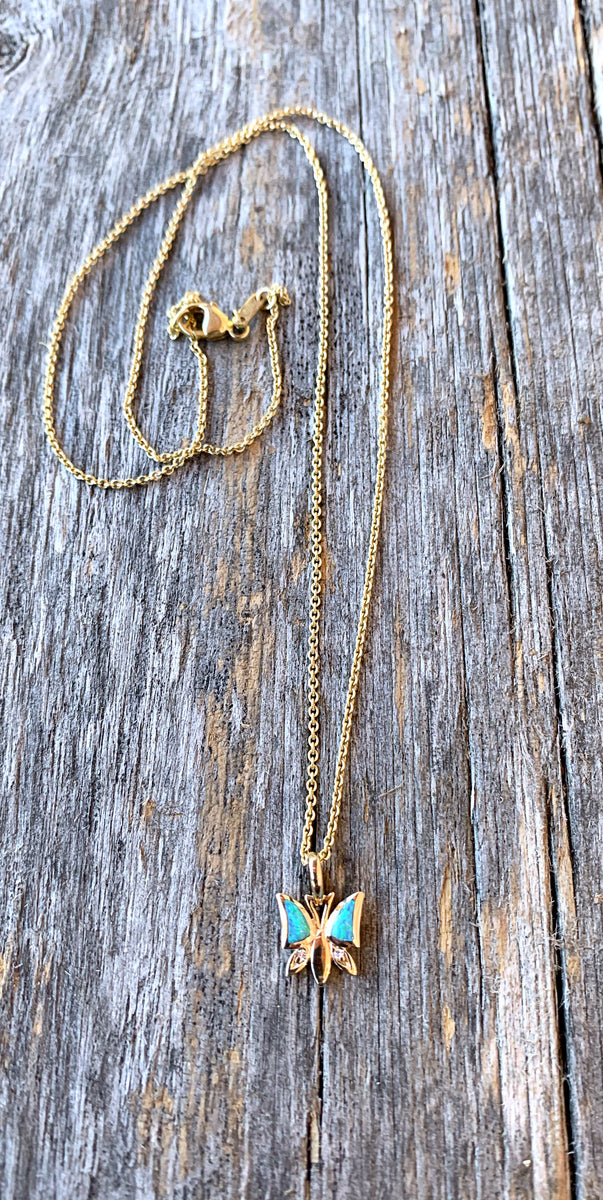 Opal and Diamond Butterfly Necklace RedWall Jewelry
